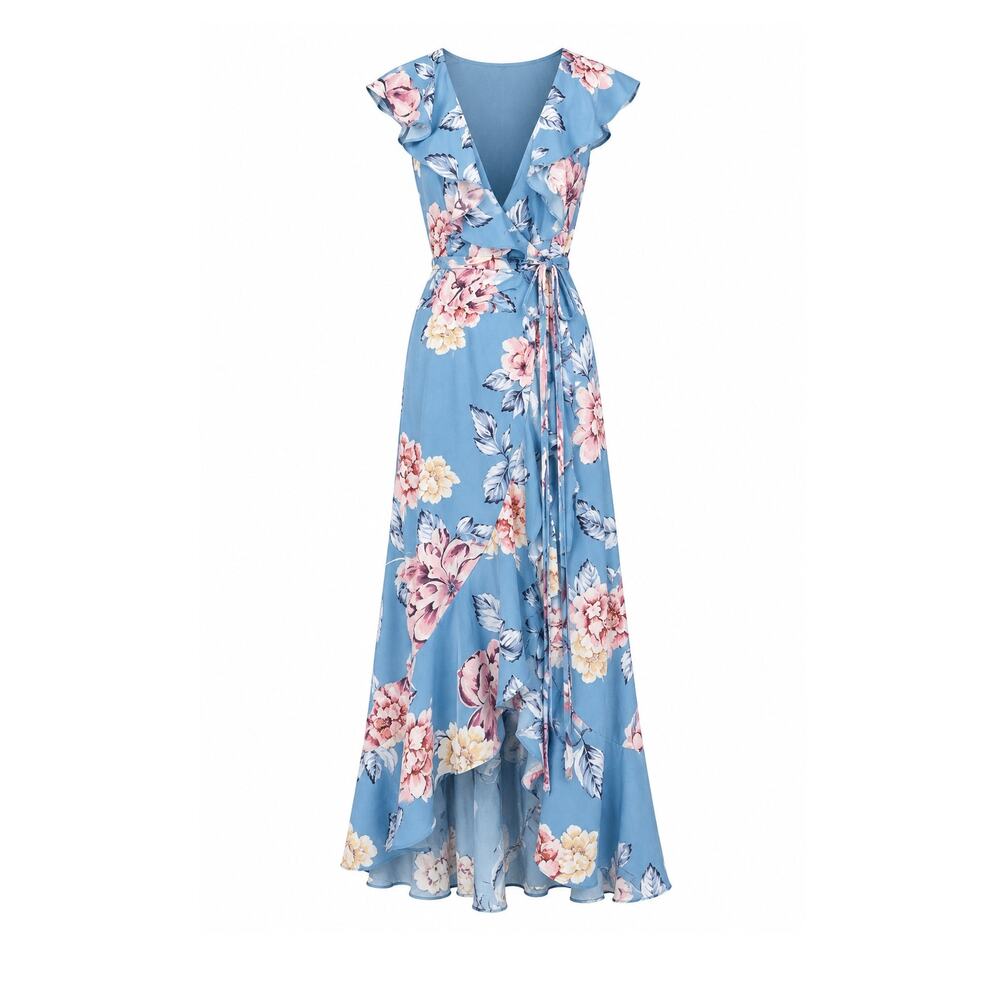 Yumi Kim Sonoma Nantucket Blue Floral Wrap Ruffle Midi Dress Size Medium